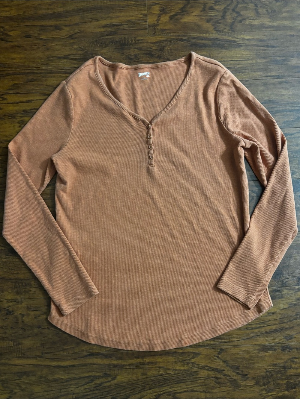 Duluth Trading Co Long Sleeve Henley Top Cotton Spandex Orange Rust Ribbed Shirt